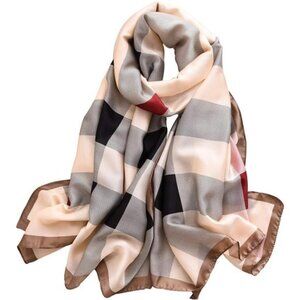 Womens 100% Large Mulberry Silk Scarf Long Satin Scarf Fashion Khaki Grid
